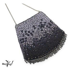 Beaded Gray to Black Ombre Evening Bag w Chain Handle and Bead Fringe - Hey Viv